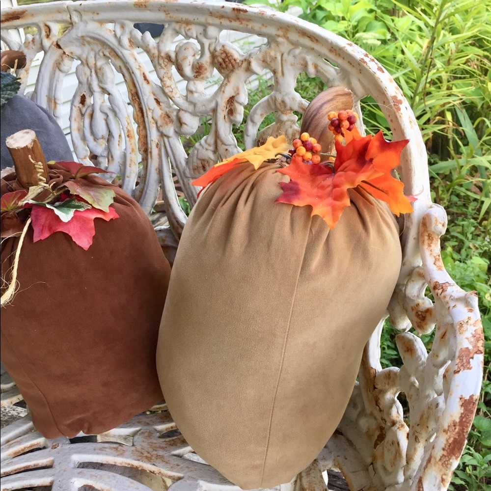Pair Tall Bumpy Fall Fabric Pumpkins Handcrafted